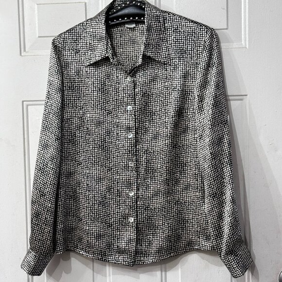 Nora Noh Silk Pet Sz M Blouse Button Up Shirt Long Sleeve Black/White Spots - Picture 1 of 11